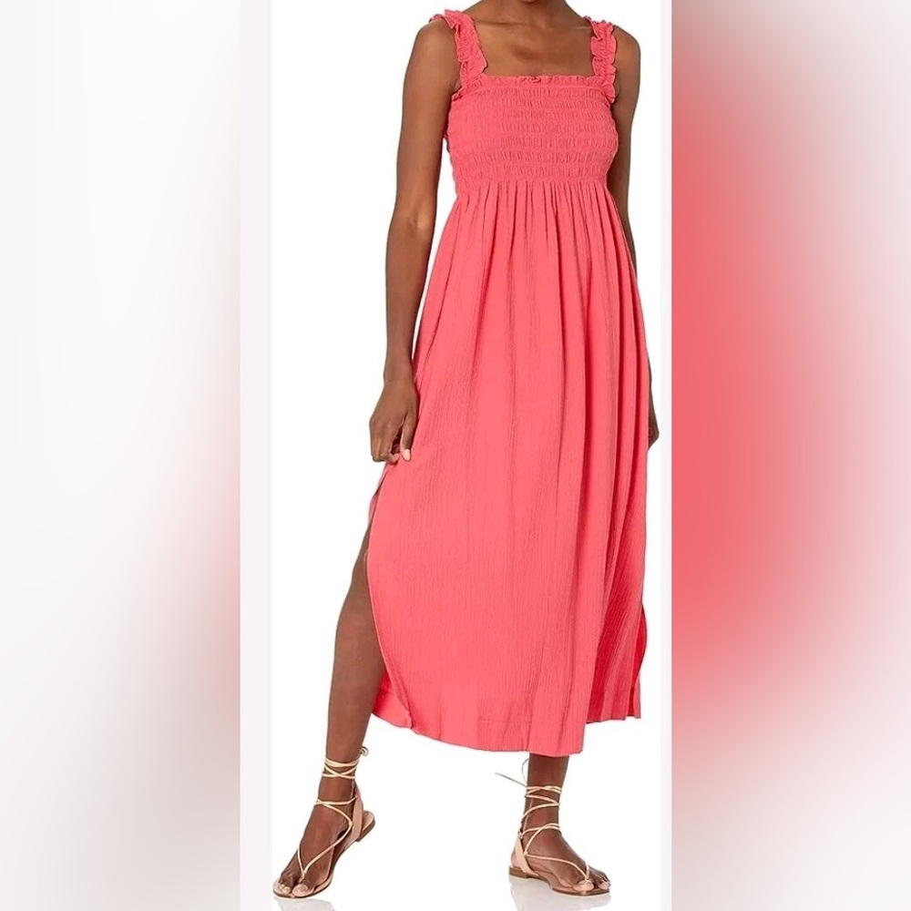 Calvin Klein Coral Sleeveless Smocked Crepe Ruffle Sun Midi Dress Sz 8